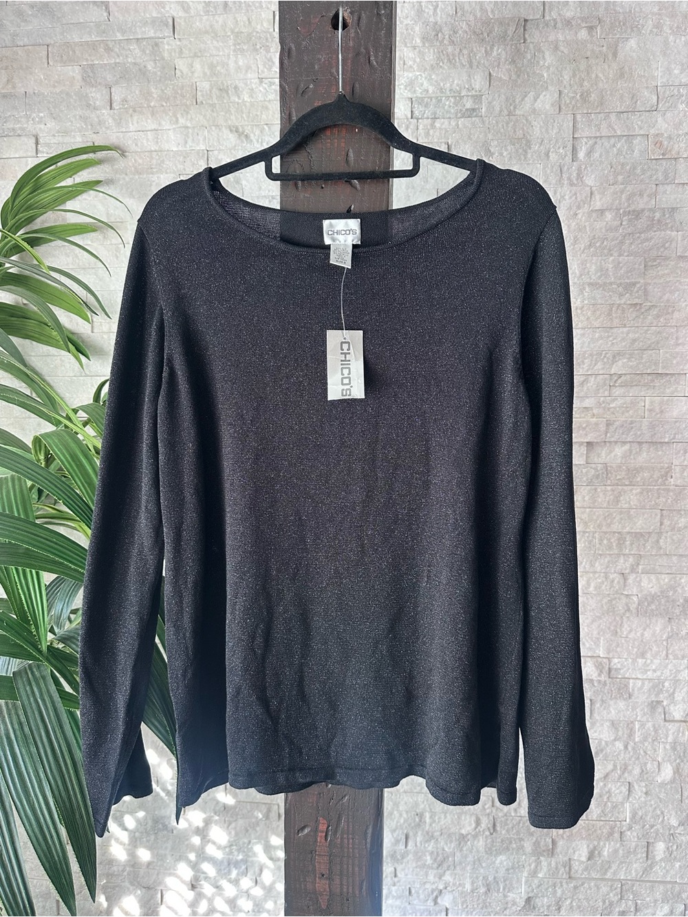 Chico's Black Long-Sleeve Glitter Shimmer Silk Blend Top Size XL New Tags